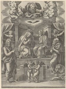 The coronation of the Virgin, God the Father above, St Jerome lower right and St John t..., 1530-60. Creator: Master of the Die