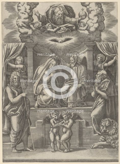 The coronation of the Virgin, God the Father above, St Jerome lower right and St John t..., 1530-60. Creator: Master of the Die.