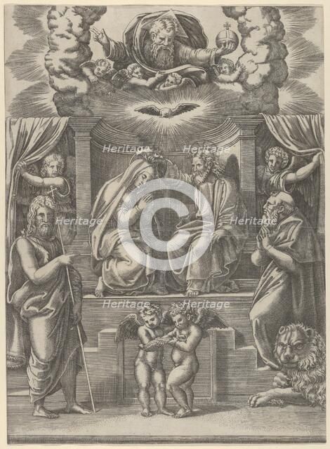 The coronation of the Virgin, God the Father above, St Jerome lower right and St John t..., 1530-60. Creator: Master of the Die.