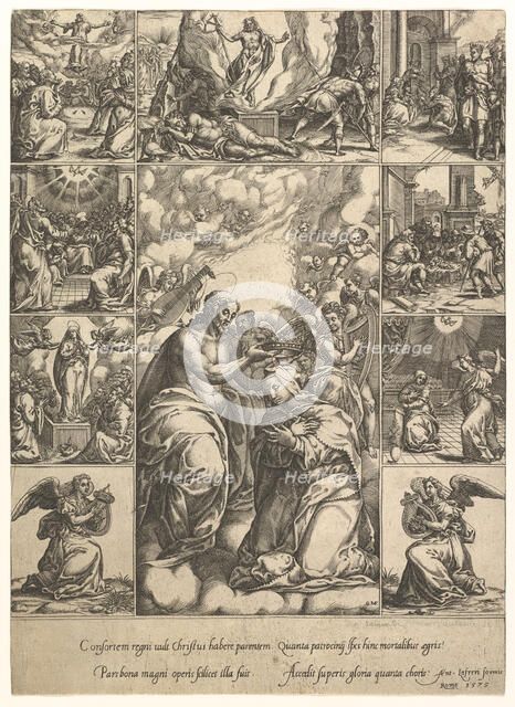 The Coronation of the Virgin; surrounded by nine vignettes with scenes from the life of..., by 1575. Creator: Giorgio Ghisi.