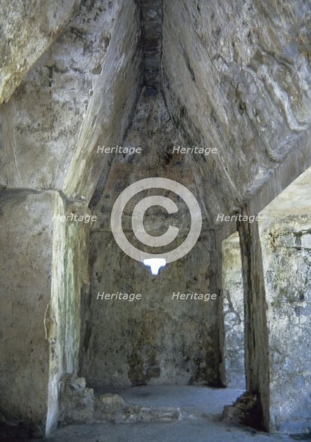 The Corbel arch seen in a hallway at the Palace, Palanque, Chiapas, Mexico, 1998.  Creator: Unknown.