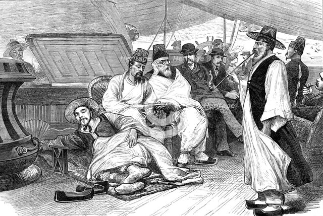 The Corean ambassadors returning on board the Japanese steamer Sakasago Masu, 1881. Creator: Unknown.