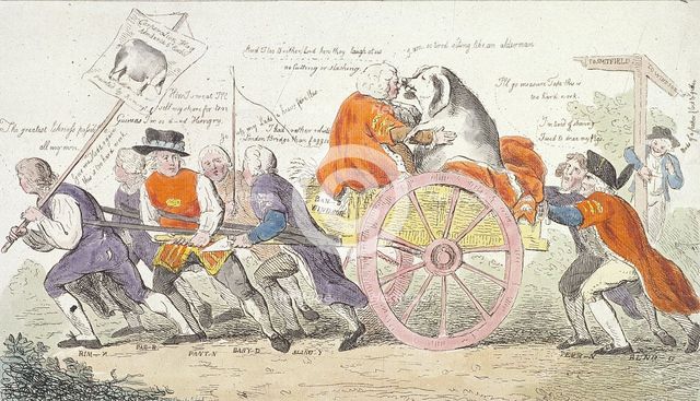 'The Corporation hog's journey to Smithfield in stile or aldermen turned pig show men., 1790. Artist: Isaac Cruikshank