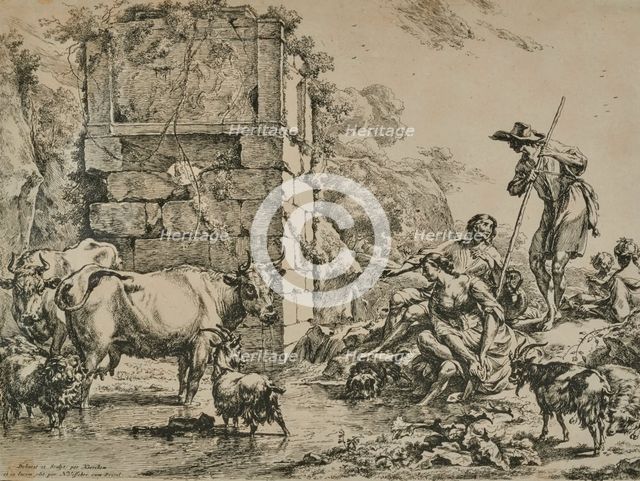 The Cows At The Watering Place (The Cow Drinking), 1680. Creator: Nicolaes Berchem.