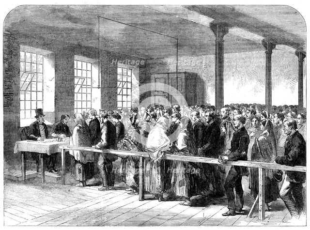 The Cotton Famine: distributing tickets for bread, soup, meat, meal, coal etc, Manchester, 1862. Creator: Unknown.