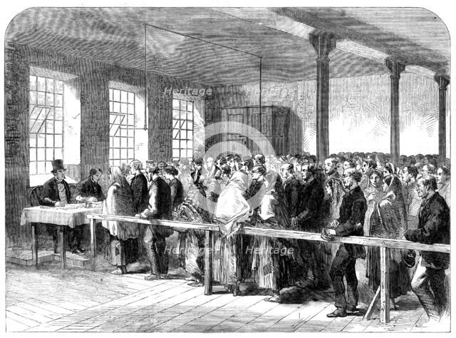 The Cotton Famine: distributing tickets for bread, soup, meat, meal, coal etc, Manchester, 1862. Creator: Unknown.