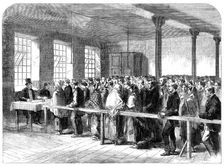 The Cotton Famine: distributing tickets for bread, soup, meat, meal, coal etc, Manchester, 1862. Creator: Unknown