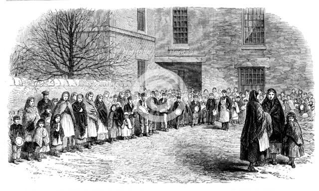 The Cotton Famine: operatives waiting for their breakfast in Mr. Chapman's courtyard..., 1862. Creator: Unknown.