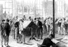 The Cotton Famine: operatives reading the latest news from America in Camp-field free library, 1862 Creator: Unknown