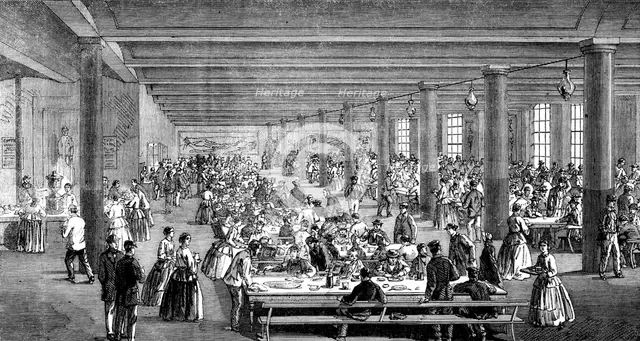 The Cotton Famine: working men's dining-hall, Gaythorn cooking-depot, Manchester, 1862. Creator: Unknown.