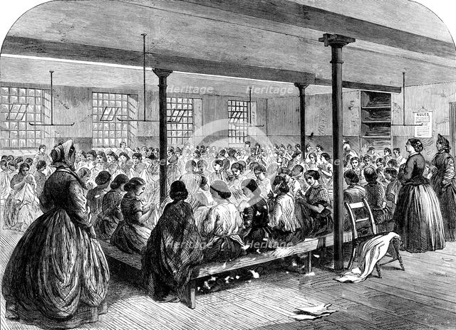 The Cotton Famine: the sewing-class at the Manchester...Provident Society's rooms, 1862. Creator: Unknown.