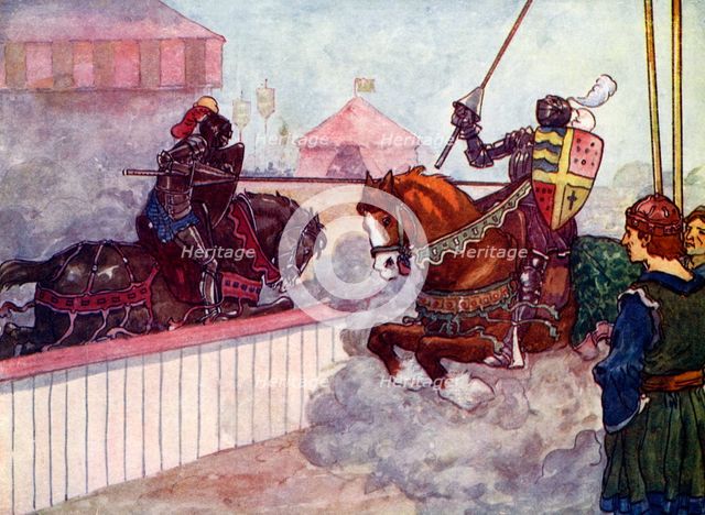'The Count rode again and again at Edward till his lance was splintered in his hand', c1270, (1905).Artist: A S Forrest