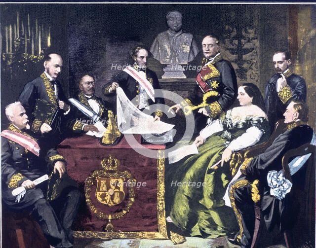 The Council of Ministers headed by Isabella II declares war on Morocco in 1859, engraving.