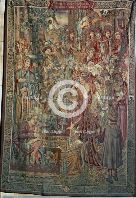  'The councilors visit the glass fair of the Borne on the first day of the year', tapestry on a c…