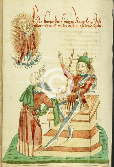 The Counsellor of King Avenir before Josaphat, who Gestures to the Virgin in Heaven, 1469. Creators: Hans Schilling, Diebolt Lauber.