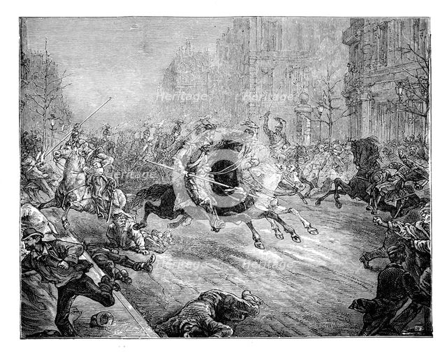 'The coup d'etat, lancers charging the crowd in the boulevards of Paris', 19th century. Artist: Unknown
