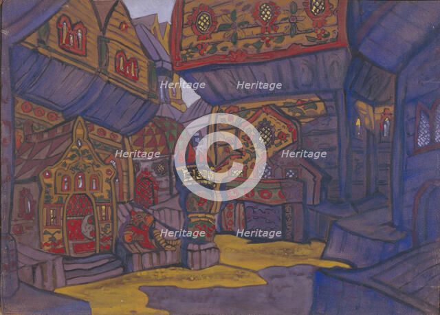 The Court of Prince Vladimir Galitsky. Stage design for the opera Prince Igor by A. Borodin, 1914. Artist: Roerich, Nicholas (1874-1947)