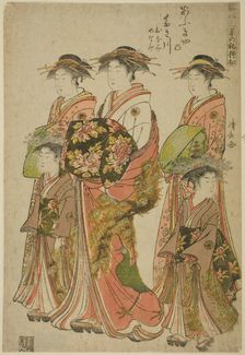 The Courtesan Takigawa of the Ogiya with Her Attendants Onami and Menami, from the series ..., 1783. Creator: Torii Kiyonaga