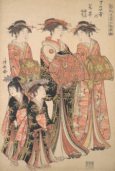 The Courtesan Wakakusa of the Chojiya Brothel, and Attendants Asano and Midori, from t..., ca. 1783. Creator: Torii Kiyonaga