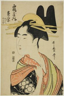 The Courtesan Arihara of the Tsuruya, and Child Attendants Aoe and Sekiya (Tsuruya uchi..., c. 1797. Creator: Kitagawa Utamaro