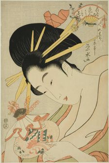 The Courtesan Hanahito of the Ogiya and attendants Sakura and Momiji..., c. 1795/1800. Creator: Ichirakutei Eisui
