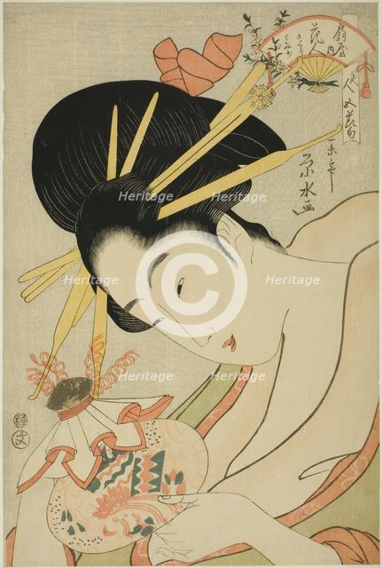 The Courtesan Hanahito of the Ogiya and attendants Sakura and Momiji..., c. 1795/1800. Creator: Ichirakutei Eisui.