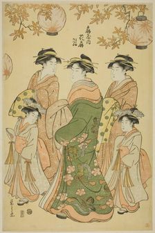 The Courtesan Hanaogi of the Ogiya, with Child Attendants Yoshino and Tatsuta, c. 1793. Creator: Hosoda Eishi