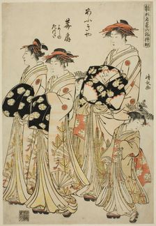 The Courtesan Hanaogi of the Ogiya with Her Attendants Yoshino and Tatsuta, from the..., c. 1781. Creator: Torii Kiyonaga