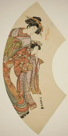 The Courtesan Hanaogi of the Ogiya and her attendant, from the series "Fans of the..., c. 1777/78. Creator: Isoda Koryusai