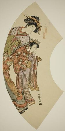 The Courtesan Hanaogi of the Ogiya and her attendant, from the series "Fans of the..., c. 1777/78. Creator: Isoda Koryusai