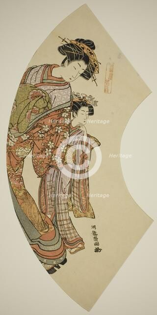 The Courtesan Hanaogi of the Ogiya and her attendant, from the series "Fans of the..., c. 1777/78. Creator: Isoda Koryusai.