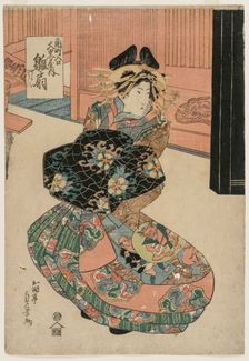The Courtesan Hinaogi of the Daikokuya at the Entrance of Kadomachi, c. late 1820s or early 1830s. Creator: Gokotei Sadakage (Japanese)