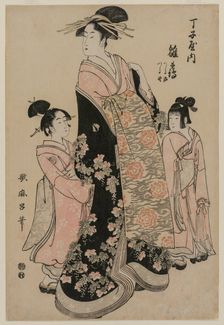 The Courtesan Hinazuru of Chojiya with her Attendants Tsuruji and Tsuruno, c. 1794. Creator: Kitagawa Utamaro (Japanese, 1753?-1806)