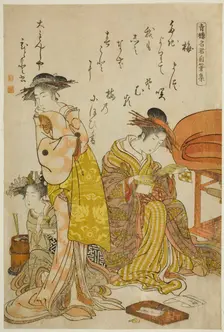 The Courtesan Hitomoto of the Daimonjiya, from the album "Comparing New Beauties of the Yo..., 1784. Creator: Kitao Masanobu