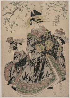 The Courtesan Katakoshigi (?) of Maruebiya with her Kamuro Ageha and Midori, c. 1805. Creator: Utagawa Toyokuni (Japanese, 1769-1825)