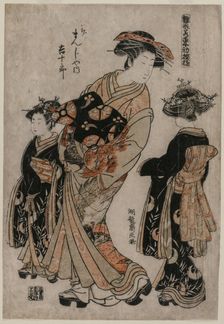 The Courtesan Kichijuro of Kage Manjiya with Two Kamuro..., late 1770s. Creator: Isoda Koryusai (Japanese)