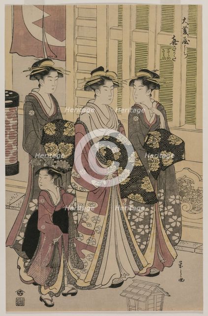 The Courtesan Kisagata of Ohishiya Strolling at Night with Two Shinzo and a Kamuro, c. 1790. Creator: Ch?bunsai Eishi (Japanese, 1756-1829).