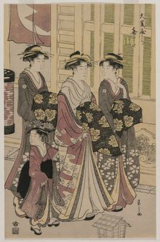 The Courtesan Kisagata of Ohishiya Strolling at Night with Two Shinzo and a Kamuro, c. 1790. Creator: Ch?bunsai Eishi (Japanese, 1756-1829)