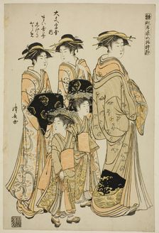 The Courtesan Maizumi of the Daimonjiya with Her Attendants Shigeki and Naname, from the s..., 1782. Creator: Torii Kiyonaga