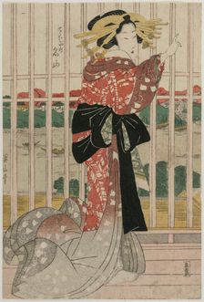 The Courtesan Meizan of the Chojiya on a Balcony Overlooking the Sumida River, c.early or mid 1820s. Creator: Eizan Kikugawa (Japanese, 1787-1867)