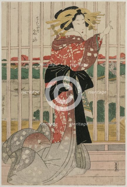 The Courtesan Meizan of the Chojiya on a Balcony Overlooking the Sumida River, c.early or mid 1820s. Creator: Eizan Kikugawa (Japanese, 1787-1867).