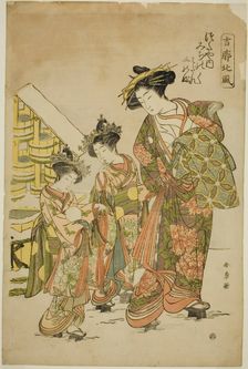 The Courtesan Michinoku of the Tsutaya House with her Kamuro Midare and Shinobu..., c. 1774. Creator: Shunsho