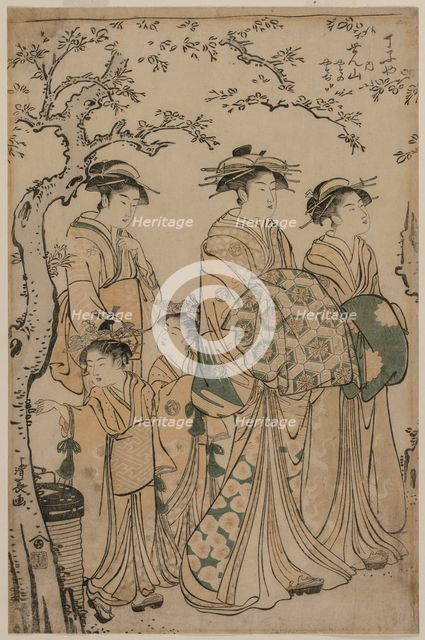 The Courtesan Senzan of Chojiya Strolling with her Kamuro Yasono and Yasoji and Two Shinzo, 1786. Creator: Torii Kiyonaga (Japanese, 1752-1815).