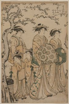 The Courtesan Senzan of Chojiya Strolling with her Kamuro Yasono and Yasoji and Two Shinzo, 1786. Creator: Torii Kiyonaga (Japanese, 1752-1815)