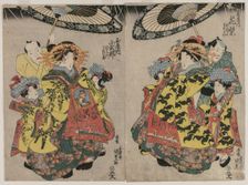 The Courtesans Hanamurasaki and Koshikibu of the Tamaya Promenading in the Rain, c. early 1830s. Creator: Gototei Kunisada (Japanese, 1786-1864)
