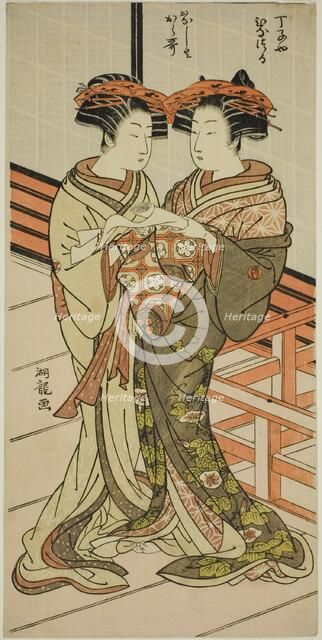 The Courtesans Hinazuru and Karauta of the Chojiya Holding a Letter, c. 1776/81. Creator: Isoda Koryusai.