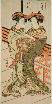 The Courtesans Hinazuru and Karauta of the Chojiya Holding a Letter, c. 1776/81. Creator: Isoda Koryusai