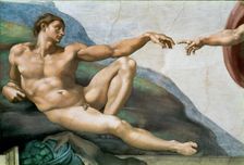 The Creation of Adam. Detail (Sistine Chapel ceiling in the Vatican), 1508-1512. Creator: Buonarroti, Michelangelo (1475-1564)
