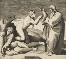 The creation of Eve who emerges from behind Adam, ca. 1530-70. Creator: Giulio Bonasone