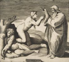 The creation of Eve who emerges from behind Adam, ca. 1530-70. Creator: Giulio Bonasone